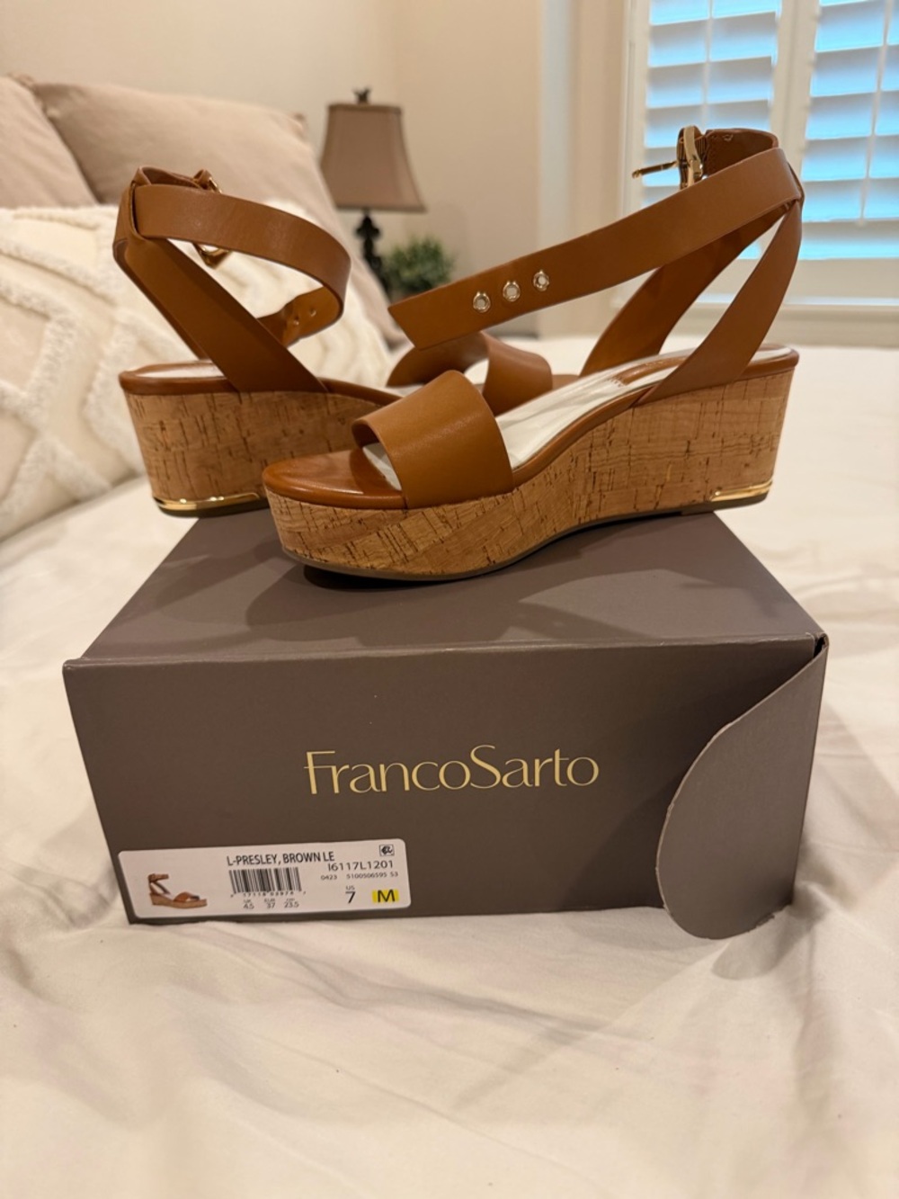Franco Sarto Cognac Brown Cork Platform Wedge Sandals